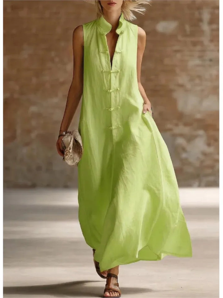Relaxed Linen Maxi Dress with Mandarin Collar and Frog Buttons