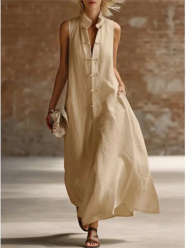Relaxed Linen Maxi Dress with Mandarin Collar and Frog Buttons