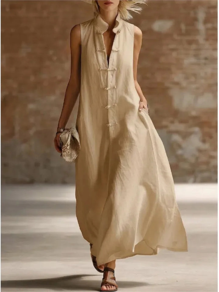 Relaxed Linen Maxi Dress with Mandarin Collar and Frog Buttons