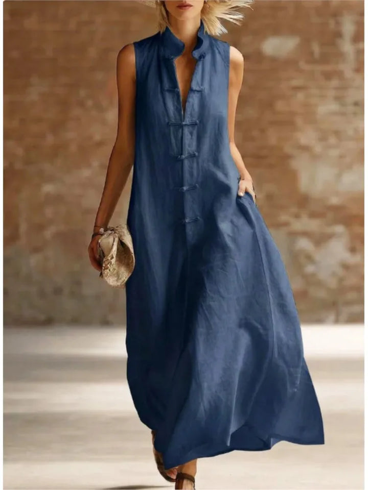 Relaxed Linen Maxi Dress with Mandarin Collar and Frog Buttons