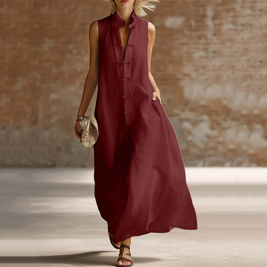 Relaxed Linen Maxi Dress with Mandarin Collar and Frog Buttons