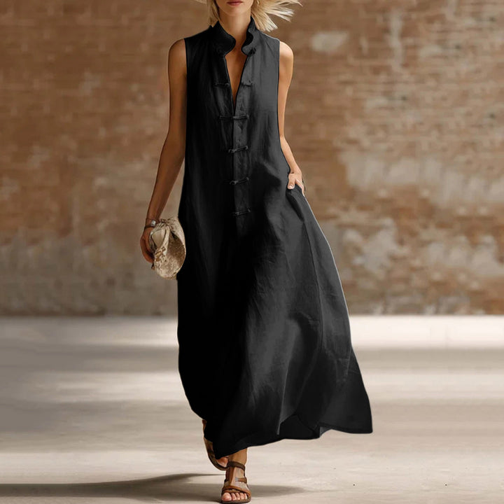 Relaxed Linen Maxi Dress with Mandarin Collar and Frog Buttons