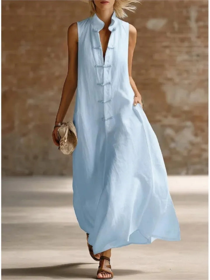 Relaxed Linen Maxi Dress with Mandarin Collar and Frog Buttons