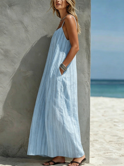 Relaxed Linen Maxi Dress with Spaghetti Straps and Side Pockets