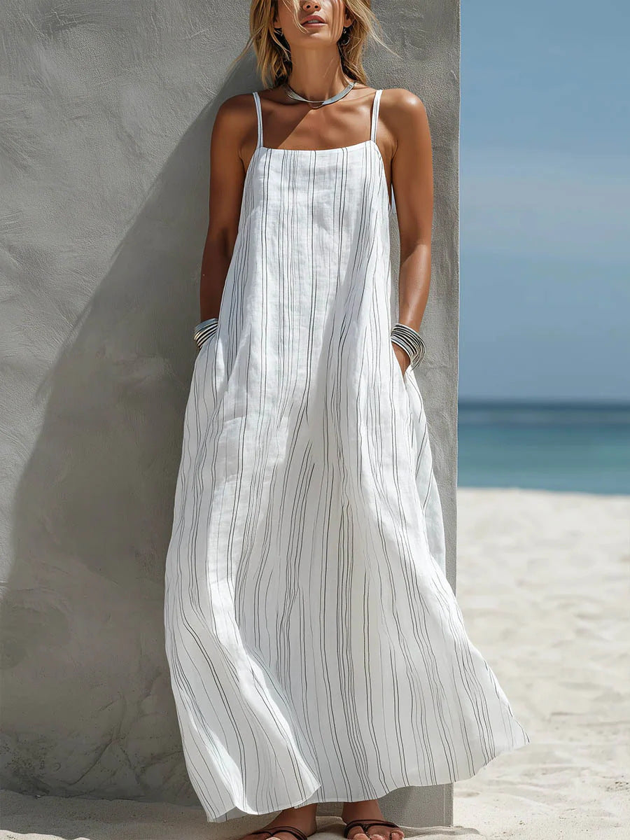 Relaxed Linen Maxi Dress with Spaghetti Straps and Side Pockets