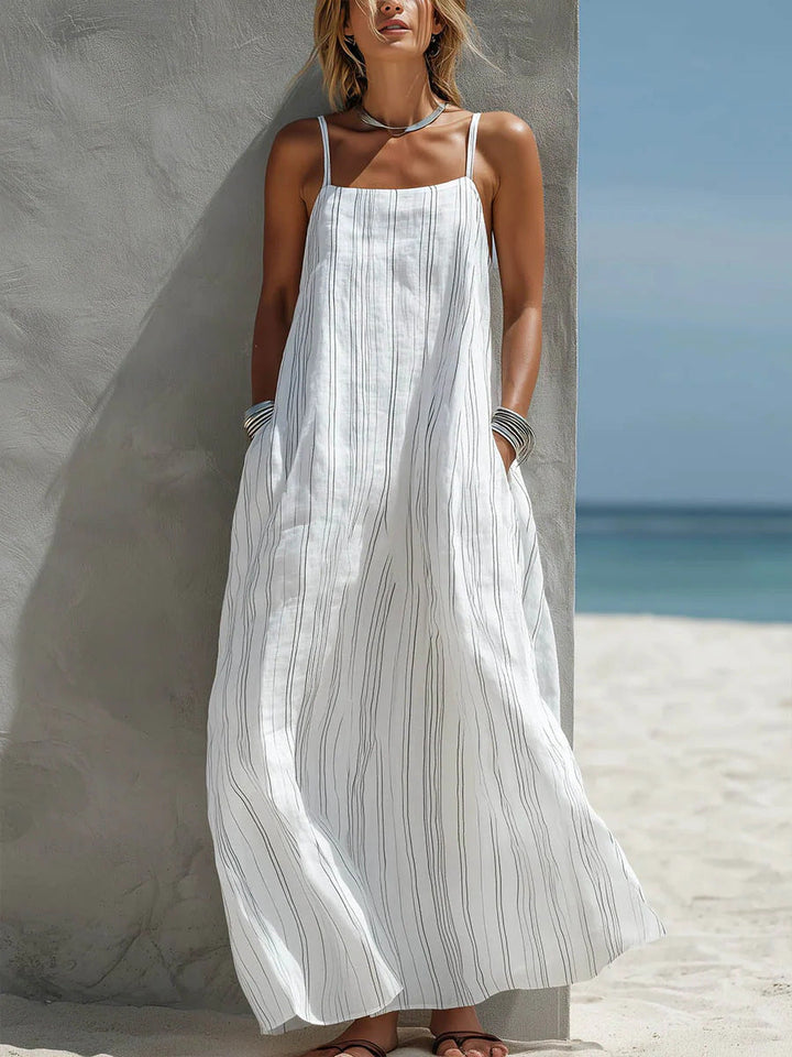 Relaxed Linen Maxi Dress with Spaghetti Straps and Side Pockets