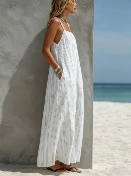 Relaxed Linen Maxi Dress with Spaghetti Straps and Side Pockets