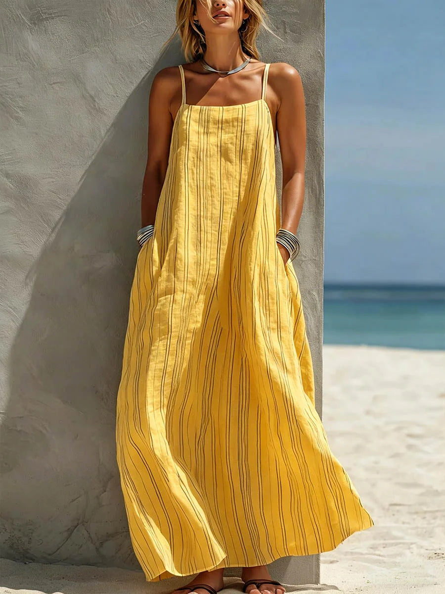 Relaxed Linen Maxi Dress with Spaghetti Straps and Side Pockets