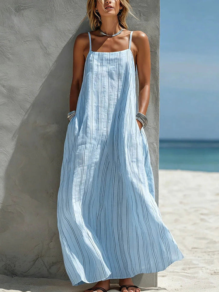 Relaxed Linen Maxi Dress with Spaghetti Straps and Side Pockets