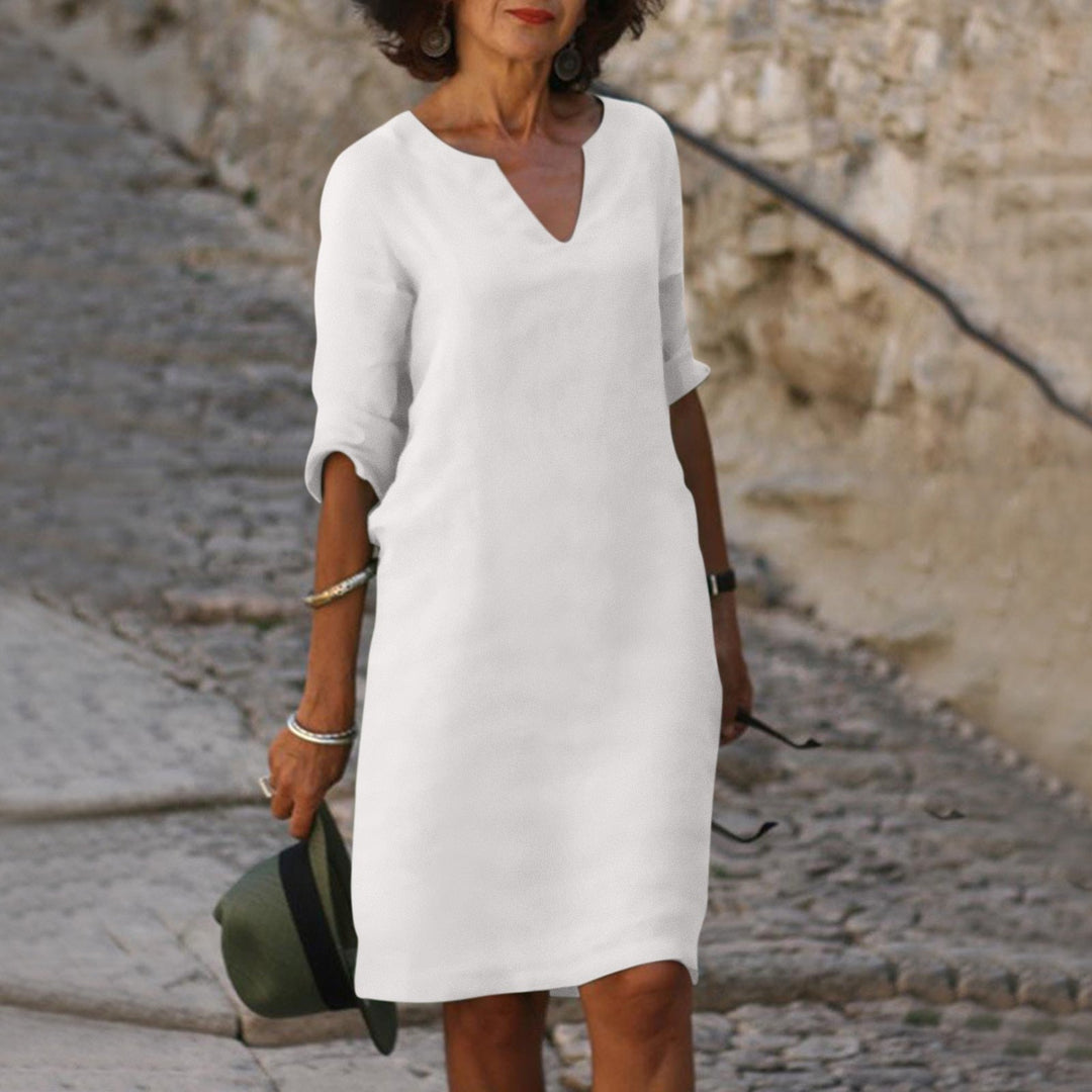 Relaxed Linen Midi Dress with V-Neckline and Three Quarter Sleeves