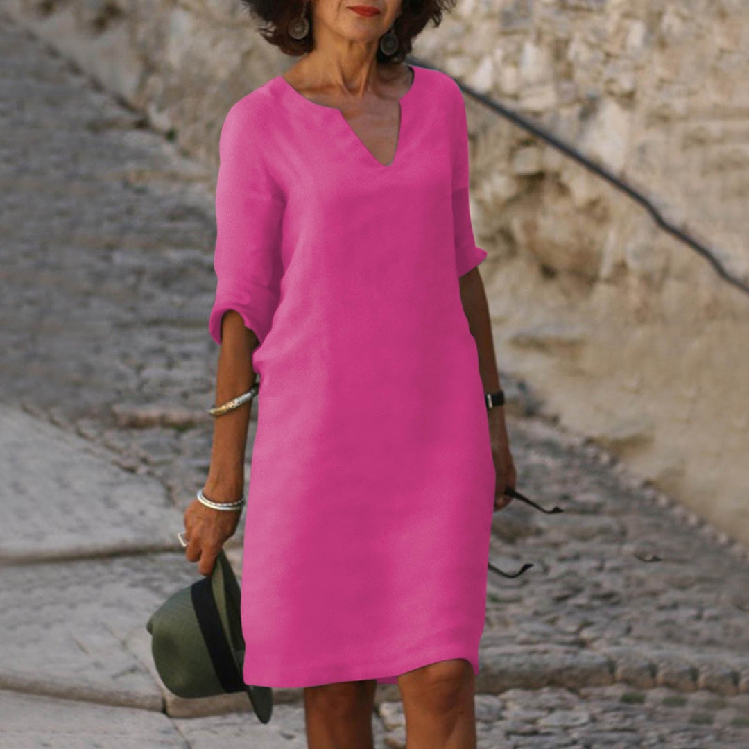 Relaxed Linen Midi Dress with V-Neckline and Three Quarter Sleeves