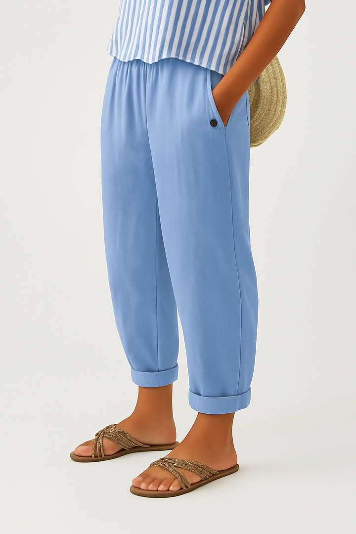 Relaxed Linen Trousers with Elasticated Waist and Cuffed Hem