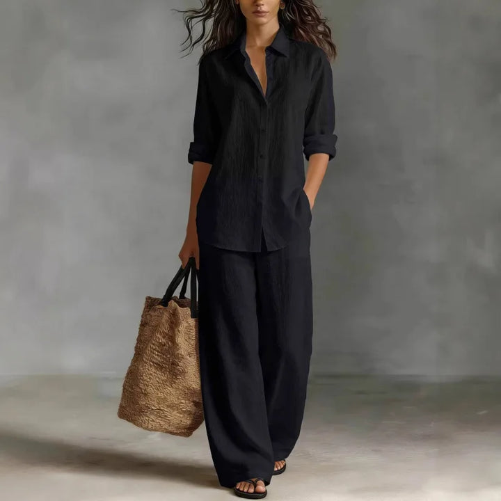 Relaxed Linen Two Piece Set with Long Sleeve Shirt and Wide Leg Trousers