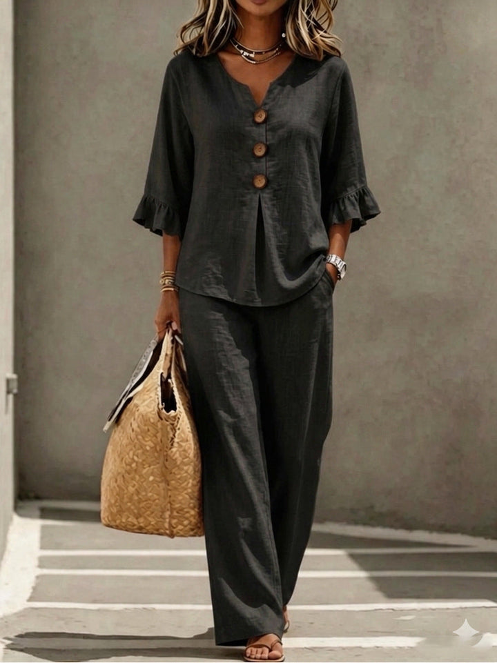 Relaxed Linen Two Piece Set with Ruffle Sleeve Top and Wide Leg Trousers