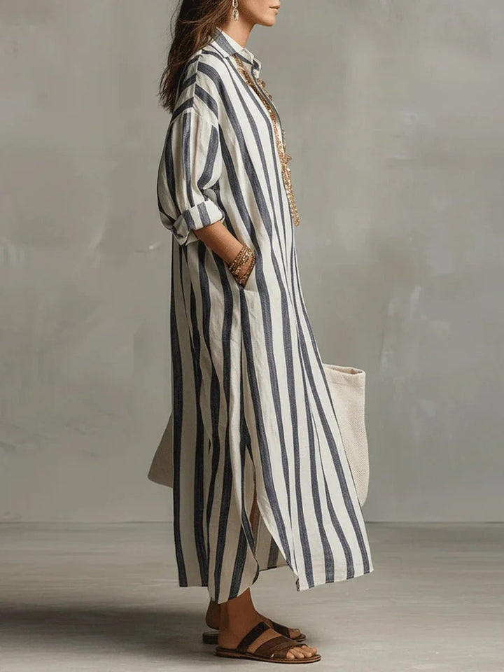 Relaxed Striped Linen Maxi Dress with Collar and Long Sleeves