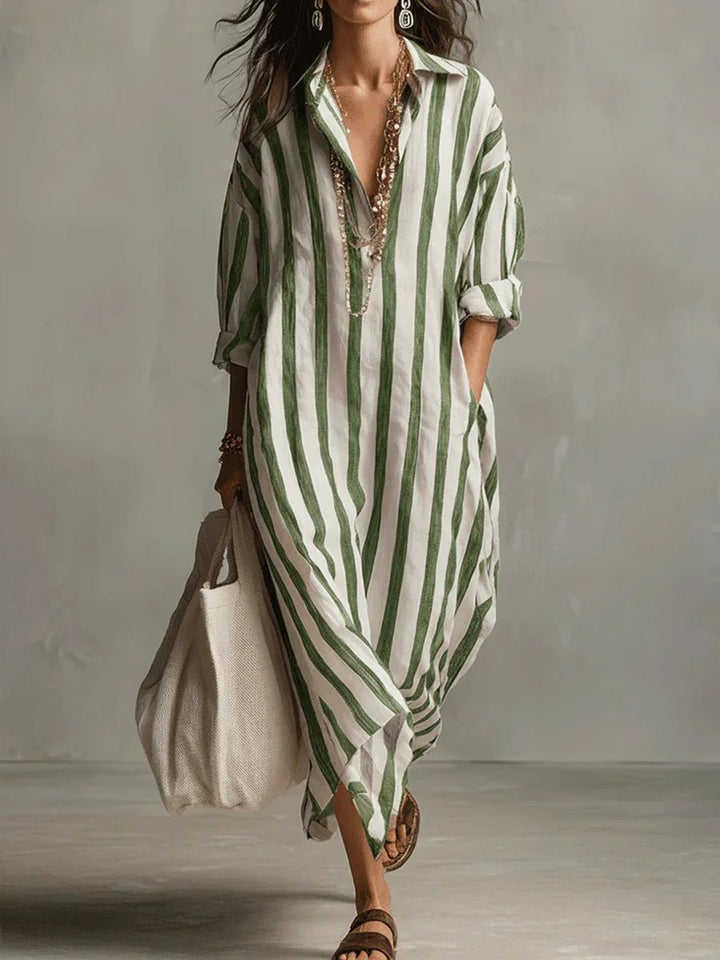 Relaxed Striped Linen Maxi Dress with Collar and Long Sleeves