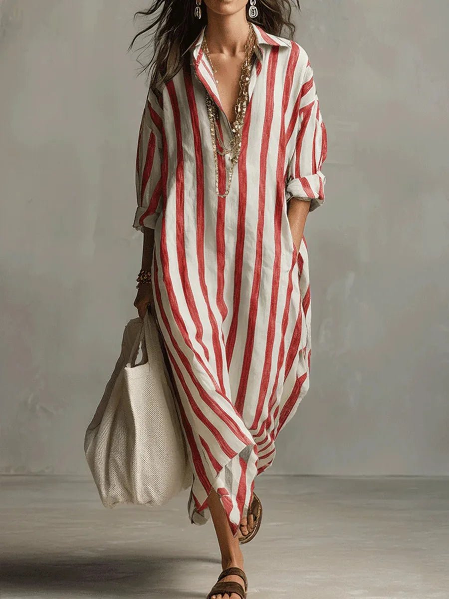 Relaxed Striped Linen Maxi Dress with Collar and Long Sleeves