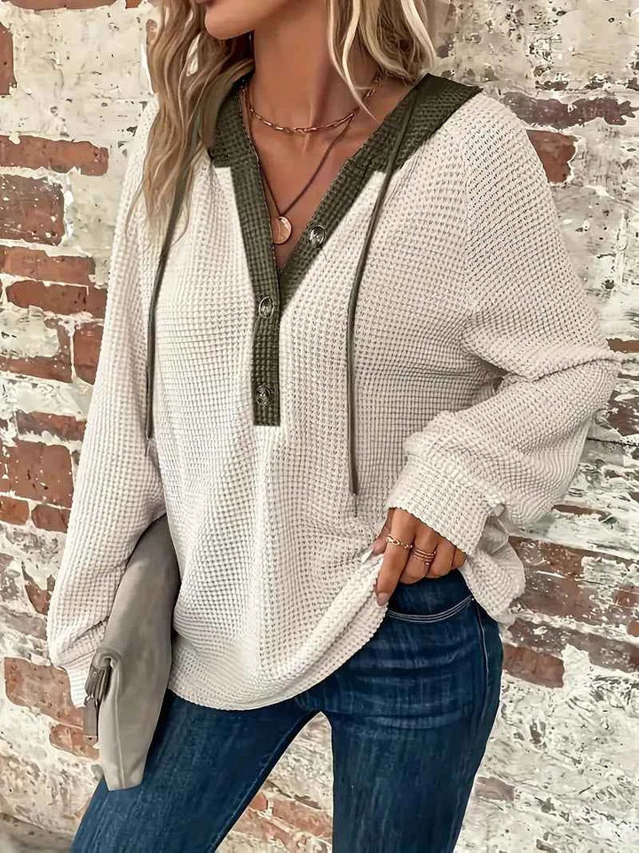 Relaxed Waffle Knit Hoodie with Contrast Hood and Button Placket