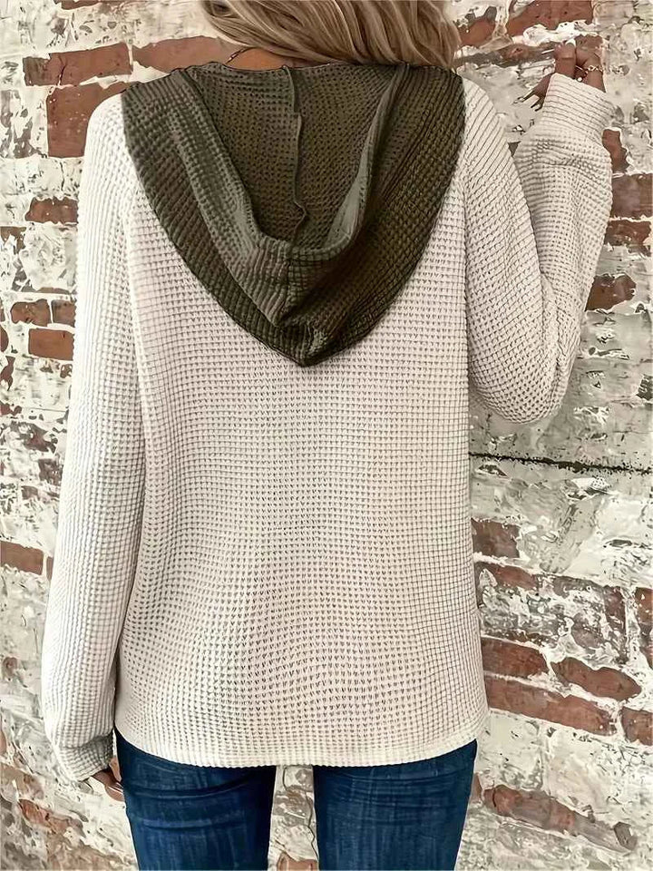 Relaxed Waffle Knit Hoodie with Contrast Hood and Button Placket