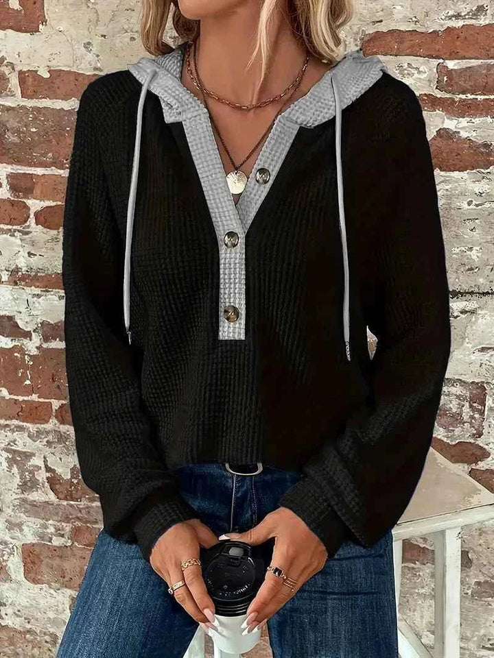 Relaxed Waffle Knit Hoodie with Contrast Hood and Button Placket