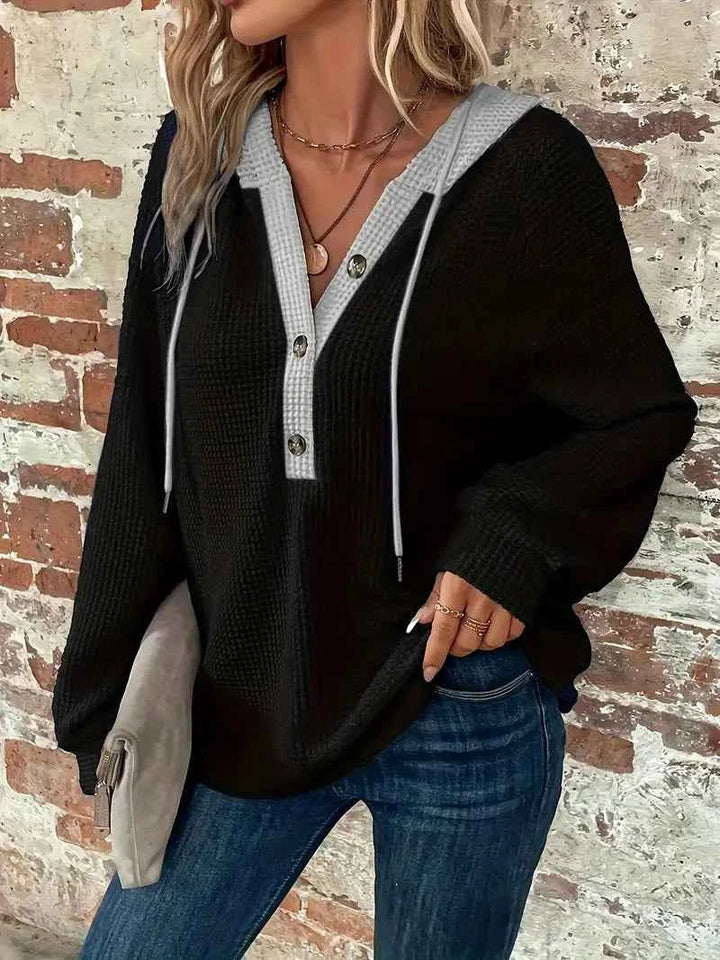 Relaxed Waffle Knit Hoodie with Contrast Hood and Button Placket