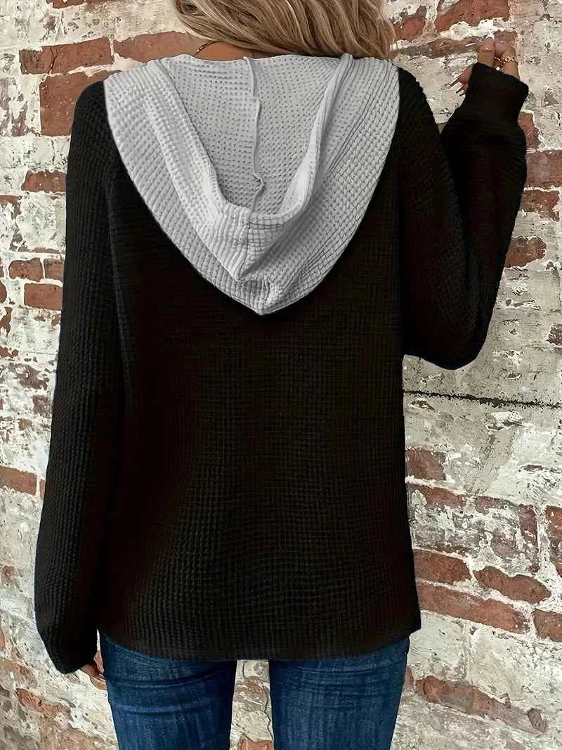 Relaxed Waffle Knit Hoodie with Contrast Hood and Button Placket