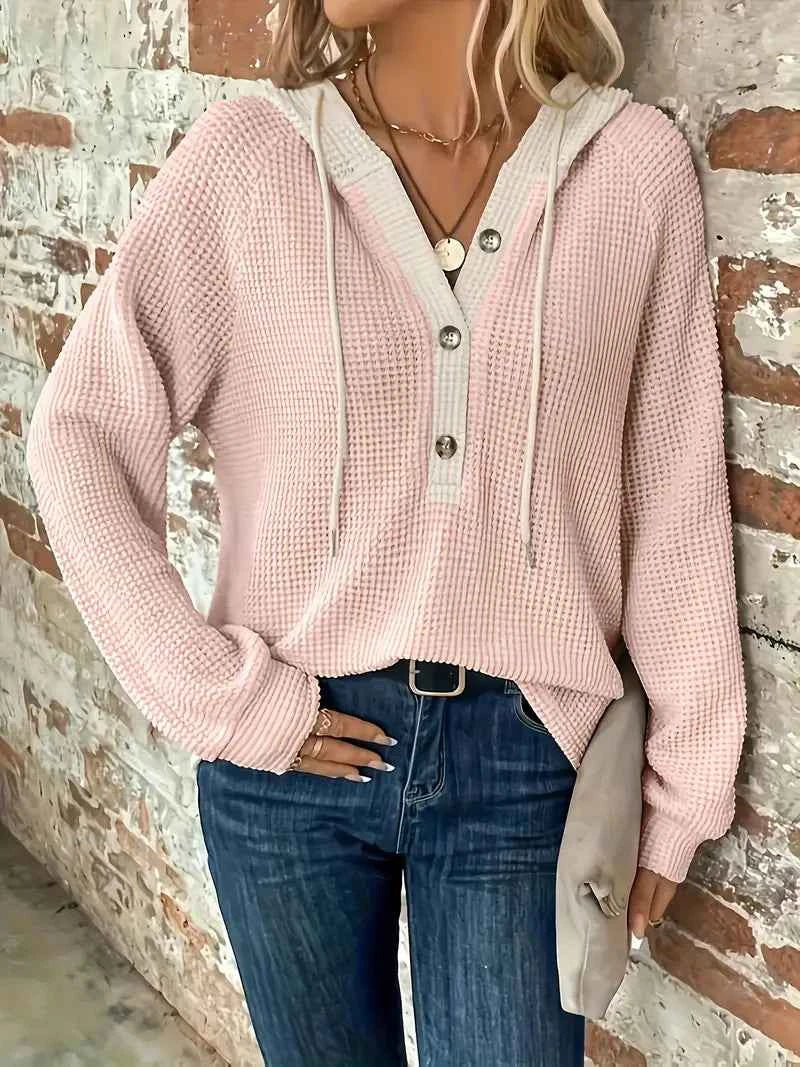 Relaxed Waffle Knit Hoodie with Contrast Hood and Button Placket
