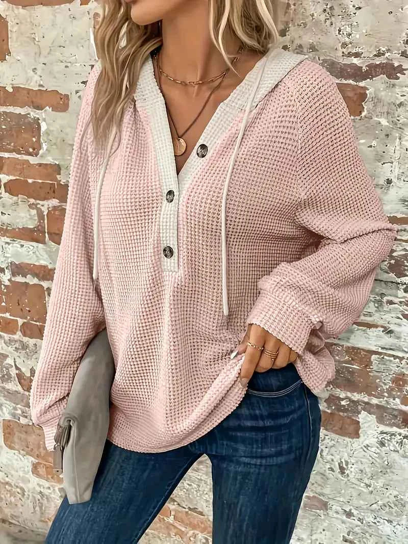 Relaxed Waffle Knit Hoodie with Contrast Hood and Button Placket