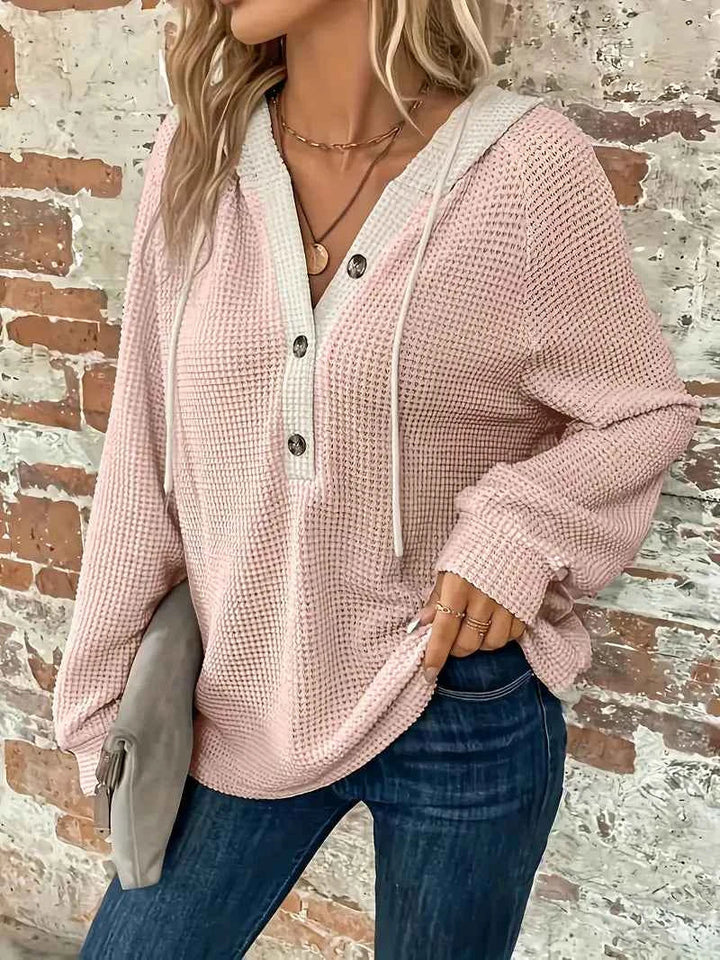 Relaxed Waffle Knit Hoodie with Contrast Hood and Button Placket
