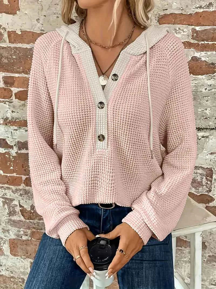 Relaxed Waffle Knit Hoodie with Contrast Hood and Button Placket