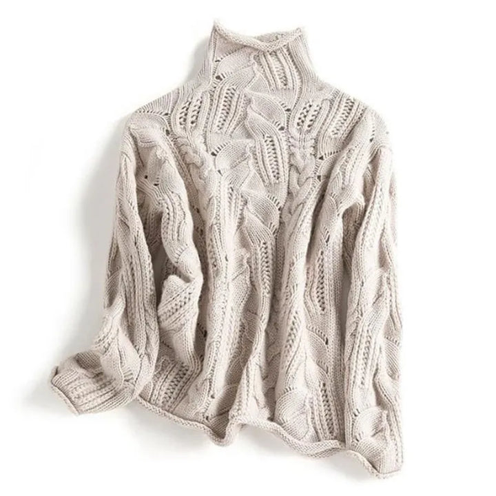 Soft Cable Knit Sweater with Turtleneck and Pointelle Detail