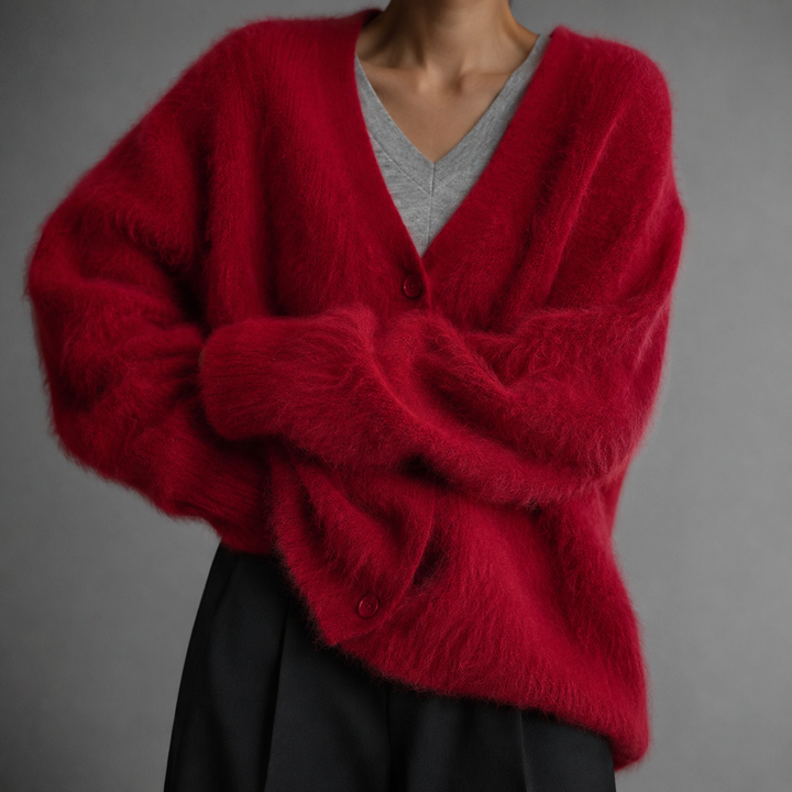 Soft Relaxed Knit Cardigan with V-Neckline and Button Front