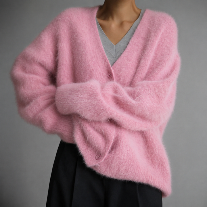 Soft Relaxed Knit Cardigan with V-Neckline and Button Front