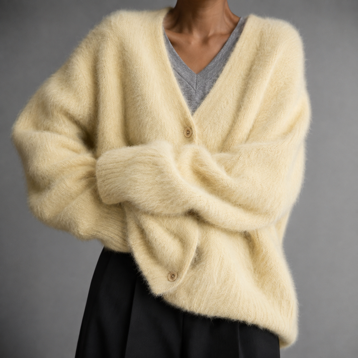 Soft Relaxed Knit Cardigan with V-Neckline and Button Front