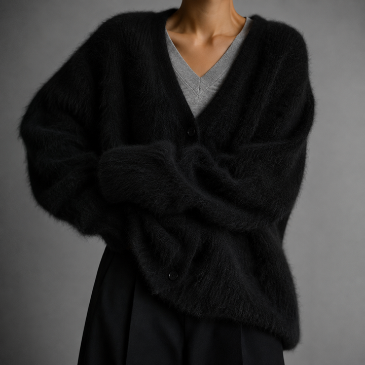 Soft Relaxed Knit Cardigan with V-Neckline and Button Front
