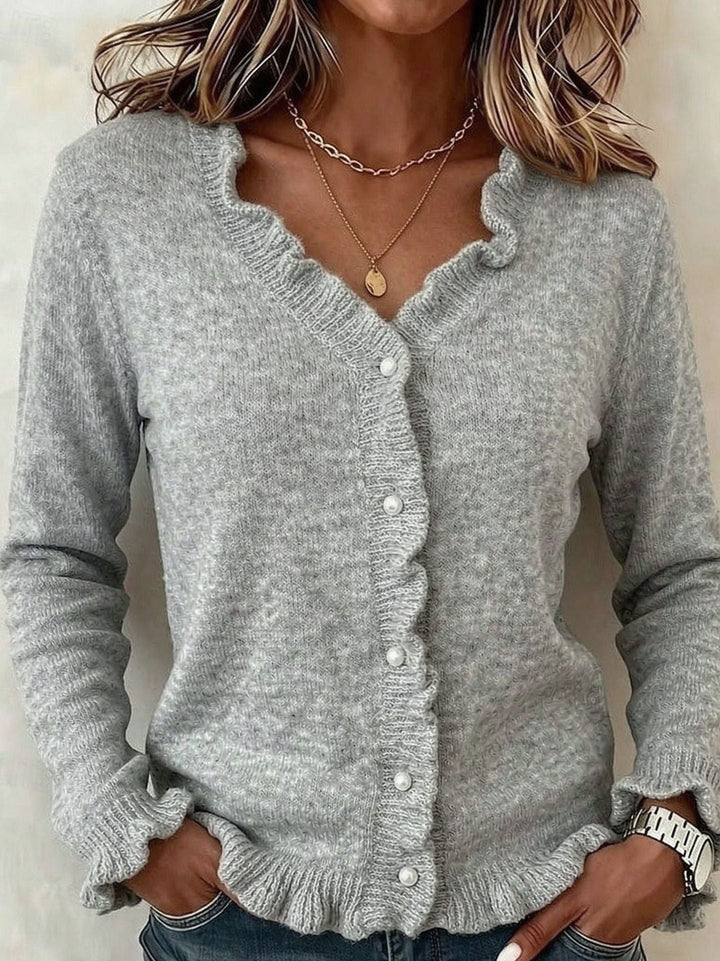 Soft Knit Cardigan with Frill Trim and V-Neckline