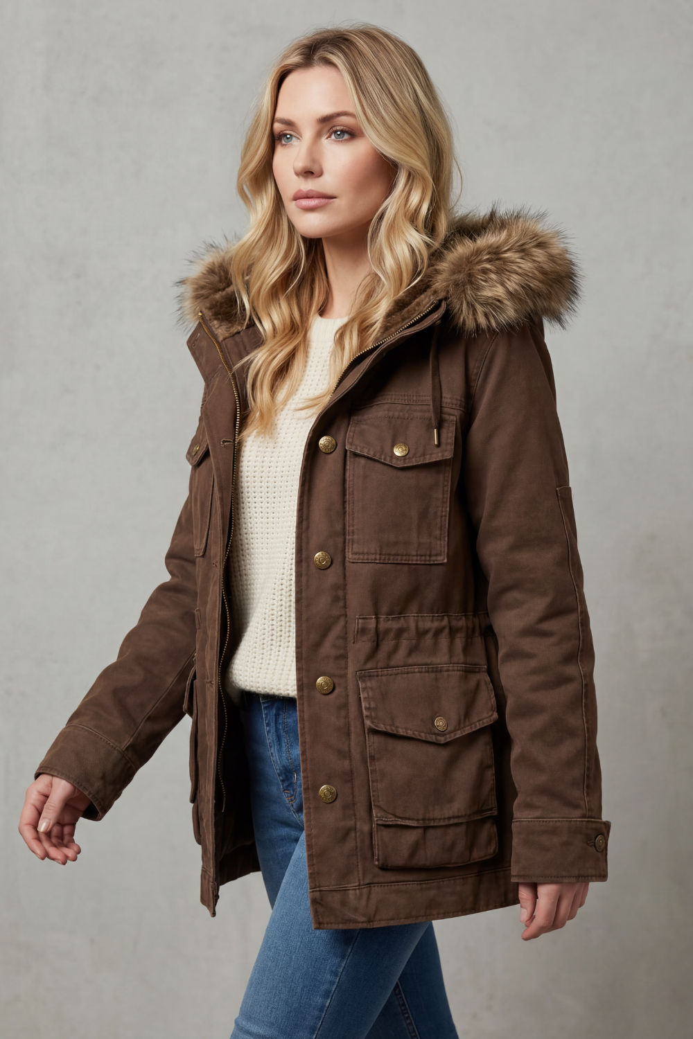 Brown Hooded Parka with Fur Trim Hood and Flap Pockets