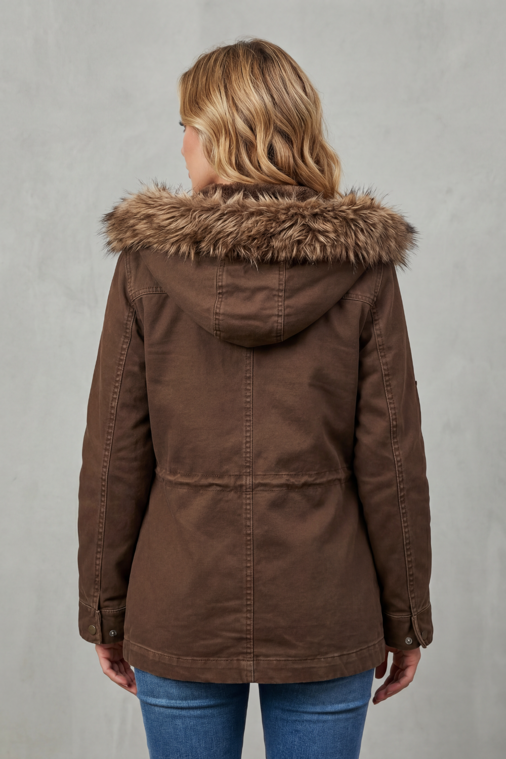 Brown Hooded Parka with Fur Trim Hood and Flap Pockets