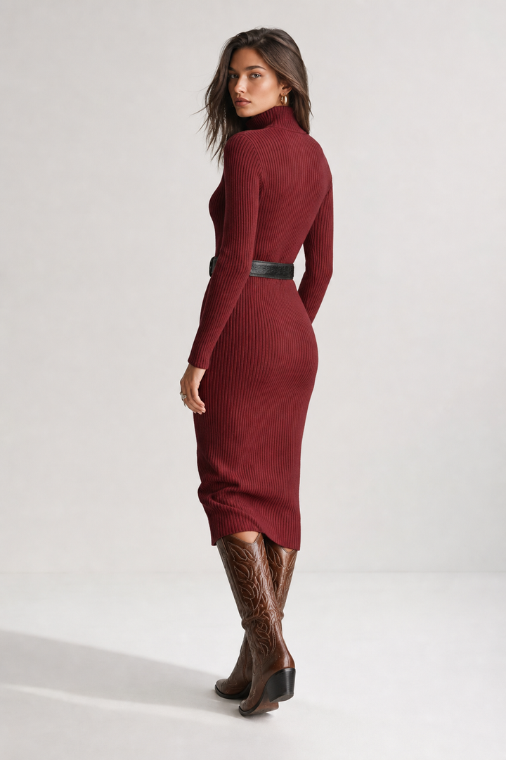 Women's Ribbed Knit Midi Dress with Half-Zip Collar and Belt