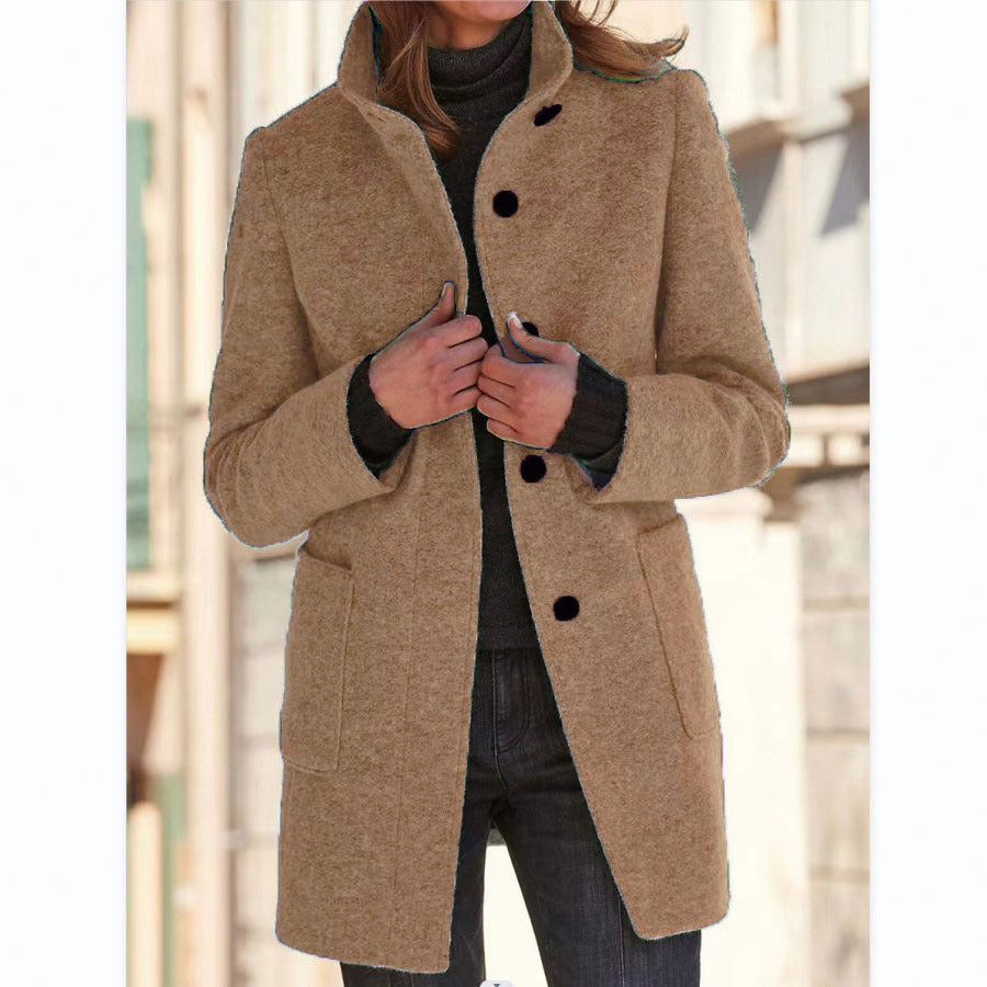 Wool Coat with Stand Collar and Patch Pockets