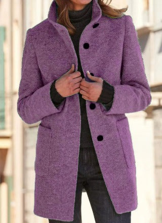 Wool Coat with Stand Collar and Patch Pockets