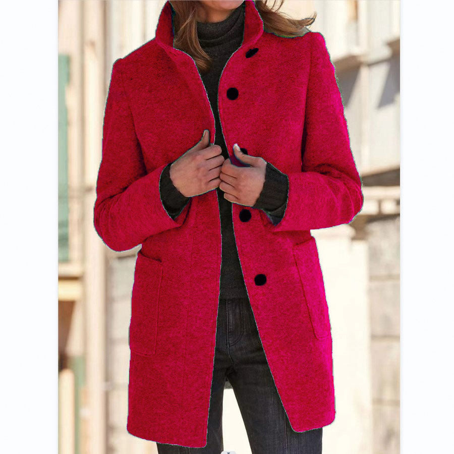 Wool Coat with Stand Collar and Patch Pockets