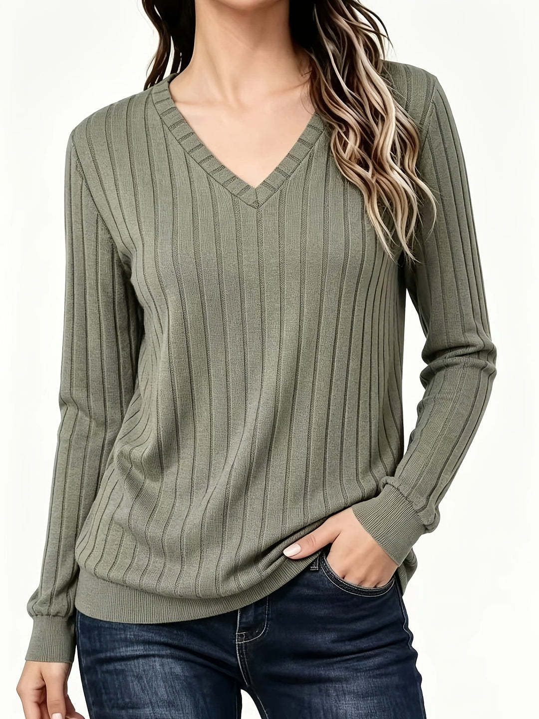 BRUSHED RIBBED V-NECK TOP FOR WOMEN