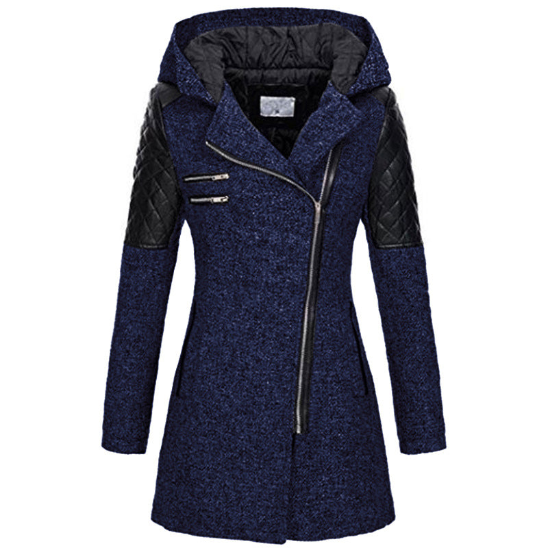 Fitted Hooded Winter Coat with Quilted Leather Shoulders