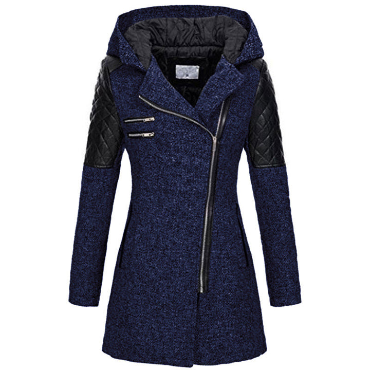 Fitted Hooded Winter Coat with Quilted Leather Shoulders