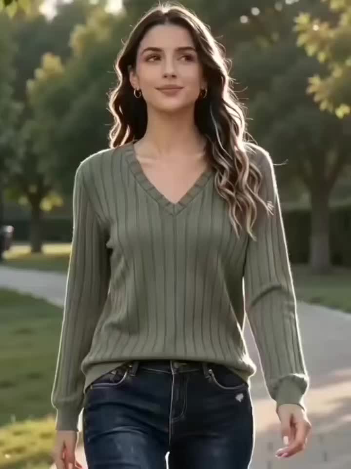 BRUSHED RIBBED V-NECK TOP FOR WOMEN