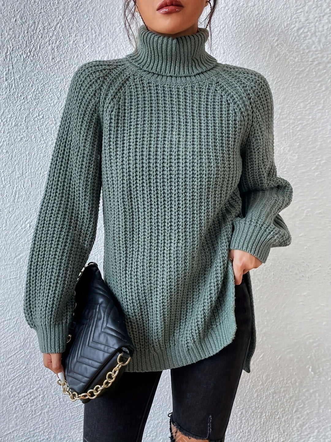 HIGH NECK SWEATSHIRT WITH SPLIT HEM FOR WOMEN