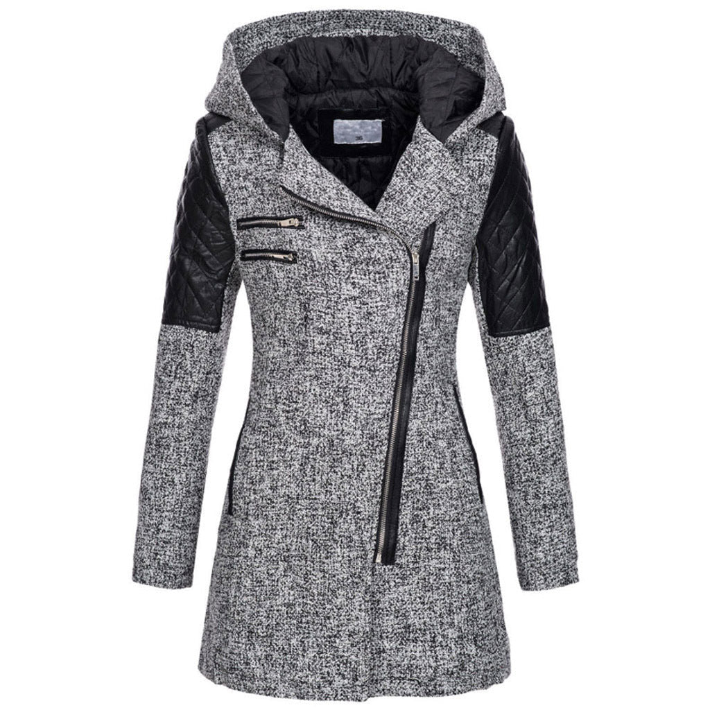 Fitted Hooded Winter Coat with Quilted Leather Shoulders