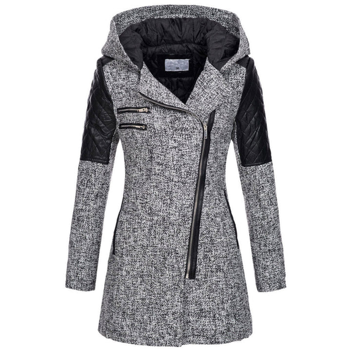 Fitted Hooded Winter Coat with Quilted Leather Shoulders