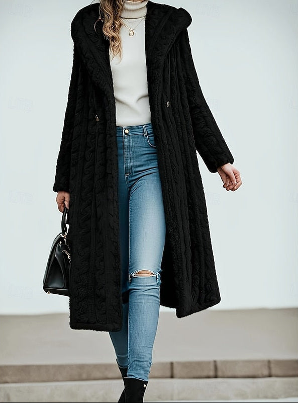 Long Hooded Teddy Coat with Textured Swirl Pattern